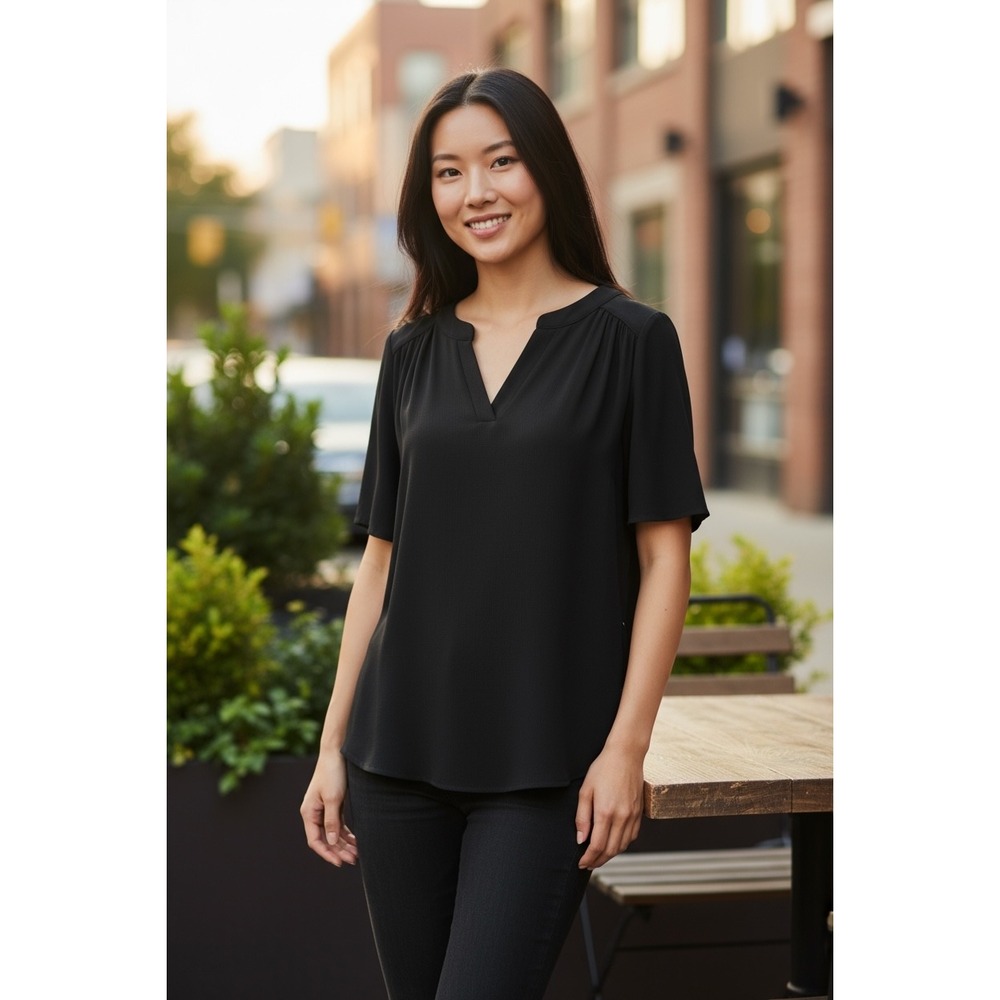 Andree‎ by Unit Black Blouse Top Short Sleeve V Neck Womens Size Small